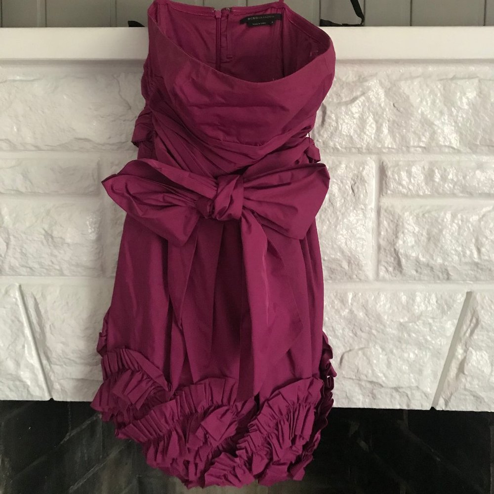 Plum colored strapless cocktail dress